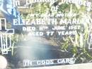 
Elizabeth MARLER, mother,
died 11 June 1967 aged 77 years;
Helidon Catholic cemetery, Gatton Shire
