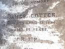 
James COTTER,
died 13 April 1894 aged 67 years;
Bridget, wife,
died 13 Aug 1898;
Helidon Catholic cemetery, Gatton Shire
