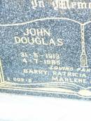 
John Douglas CORBETT,
31-5-1913 - 2-7-1985;
Annie Gladys CORBETT, nee RYAN,
25-11-1920 - 28-10-1997;
parents of Barry, Patricia, Gail, Ronald,
Marlene & Paul;
Helidon Catholic cemetery, Gatton Shire
