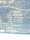 
John Douglas CORBETT,
31-5-1913 - 2-7-1985;
Annie Gladys CORBETT, nee RYAN,
25-11-1920 - 28-10-1997;
parents of Barry, Patricia, Gail, Ronald,
Marlene & Paul;
Helidon Catholic cemetery, Gatton Shire
