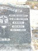 
Francis QUADE, husband father,
1874 - 1945;
John, infant son;
Annie QUADE, wife mother,
1877 - 1961;
Helidon Catholic cemetery, Gatton Shire
