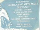 
Narelle Alice DISTANT,
daughter sister,
died 2 Aug 1958 aged 18 months;
Isobel Charlotte Mary DISTANT, mum,
2521919 - 1572005,
ashes scattered with Narelle;
Helidon Catholic cemetery, Gatton Shire
