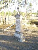 
Michael Augustine JOHNSON,
husband of Mary JOHNSON,
native of Clarence Town NSW,
died 12 Aug 1906 aged 57 years;
Robert John JOHNSON, son brother,
died 24 Aug 1916 ageed 35 years;
Mary Thresa JOHNSON,
wife of Michael JOHNSON,
died 26 Jan 1925 aged 67 years;
Helidon Catholic cemetery, Gatton Shire
