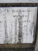 James BARCLAY,
father,
Flagstone Creek,
died 13? Oct 1942 aged 88? years;
Clara Jane BARCLAY,
mother
died 26? July 1943 aged 84? years;
Helidon General cemetery, Gatton Shire