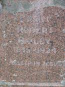 Robert BAILEY,
father,
1838 - 1924;
Isabella BAILEY,
mother,
1838 - 1892;
Agnes,
sister,
1874 - 1895;
Helidon General cemetery, Gatton Shire
