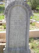 Edward ARTHUR
husband of Margaret Jane ARTHUR,
native of Montgomery,
S.... Wall ....,
died 25 August 1909 aged 52 years;
Margaret Jane ARTHUR
died Apr 1930 aged 69 years;
Helidon General cemetery, Gatton Shire