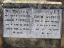 John RUSSELL,
husband,
born 18 Dec 1881
died 1 Aug 1938;
Edith RUSSELL,
wife of John RUSSELL,
born 9 Jan 1886
died 14 Dec 1977;
Helidon General cemetery, Gatton Shire