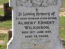 Albert Ernest WILKINSON,
husband father,
died 15 June 1937 aged 72 years;
Mary Frances WILKINSON,
mother,
died 8 July 1957 aged 91 years;
Gladys P. WILKINSON,
sister,
died 20 June 1970 aged 73 years;
Helidon General cemetery, Gatton Shire
