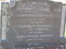 John Edward FAIRBANKS,
husband father,
aged 74 years;
Elizabeth FAIRBANKS,
mother,
aged 91 years;
James Richard FAIRBANKS,
brother,
aged 65 years;
Ronald C. FAIRBANKS,
died 6 March 1960;
John T. FAIRBANKS,
died 27 July 1964;
Margaret E. FAIRBANKS,
died 21 July 1970;
Helidon General cemetery, Gatton Shire