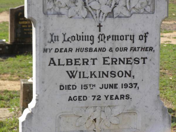Albert Ernest WILKINSON,  | husband father,  | died 15 June 1937 aged 72 years;  | Mary Frances WILKINSON,  | mother,  | died 8 July 1957 aged 91 years;  | Gladys P. WILKINSON,  | sister,  | died 20 June 1970 aged 73 years;  | Helidon General cemetery, Gatton Shire  | 