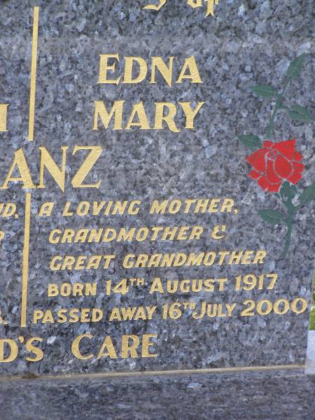 Edward William MANZ,  | husband father grandfather great-grandfather,  | born 19 July 1907  | died 2 June 1993;  | Edna Mary MANZ,  | mother grandmother great-grandmother,  | born 14 August 1917  | died 16 July 2000;  | Helidon General cemetery, Gatton Shire  | 