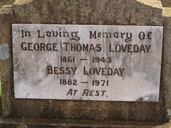 George Thomas LOVEDAY,  | 1861 - 1943;  | Bessy LOVEDAY,  | 1882 - 1971;  | Highfields Baptist cemetery, Crows Nest Shire  | 