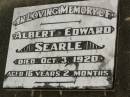 Albert Edward SEARLE,
died 3 Oct 1920 aged 16 years 2 months;
Howard cemetery, City of Hervey Bay