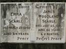 Emma SEARLE,
died 27 March 1948 aged 84 years;
James Woodland SEARLE,
died 23 July 1941 aged 82 years 2 months;
Howard cemetery, City of Hervey Bay