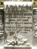 Emily CHRISTENSEN,
wife,
died 2 April 1924 aged 57 years 7 months;
Charles CHRISTENSEN,
died 7 Sept 1928 aged 71 years;
Howard cemetery, City of Hervey Bay