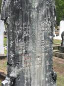 Sarah Elizabeth SHAW,
wife of Ralph SHAW,
died 18 Dec 1905 aged 41 years;
Ralph SHAW,
husband,
died 25 June 1951 aged 86 years;
Howard cemetery, City of Hervey Bay