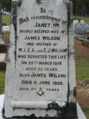 Jessie,
wife of William J. WILSON,
died 5 Dec 1920 aged 24 years;
Janet,
wife of James WILSON,
mother of W.J., E.A. & C.J. WILSON,
died 25 March 1926 aged 52 years;
James WILSON,
died 9 June 1928 aged 57 years;
Howard cemetery, City of Hervey Bay