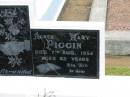 Ernest Sewell PIGGIN,
died 14 June 1958 aged 89 years;
Agnes PIGGIN,
died 7 Aug 1954 aged 62 years;
Howard cemetery, City of Hervey Bay