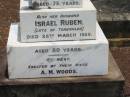 Jane FORSDYKE,
died 8 Dec 1926 aged 75 years;
Israel Ruben,
husband,
late of Torbanlea,
died 28 March 1929 aged 80 years;
erected by niece A.M. WOODS;
Howard cemetery, City of Hervey Bay