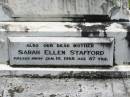 Edward James STAFFORD,
husband father,
accidentally killded 29 Oct 1925 aged 51 years;
Myrtle,
infant daughter;
Sarah Ellen STAFFORD,
mother,
died 19 Jan 1968 aged 86 years;
Howard cemetery, City of Hervey Bay