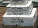 Mary HOGAN,
wife of John HOGAN,
died 13 April 1922 aged 64 years;
John HOGAN,
died 4 Oct 1928 aged 71 years;
Howard cemetery, City of Hervey Bay