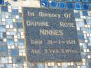 Daphne Rose NINNES,
died 31-1-1921 aged 3 years 6 months;
Howard cemetery, City of Hervey Bay