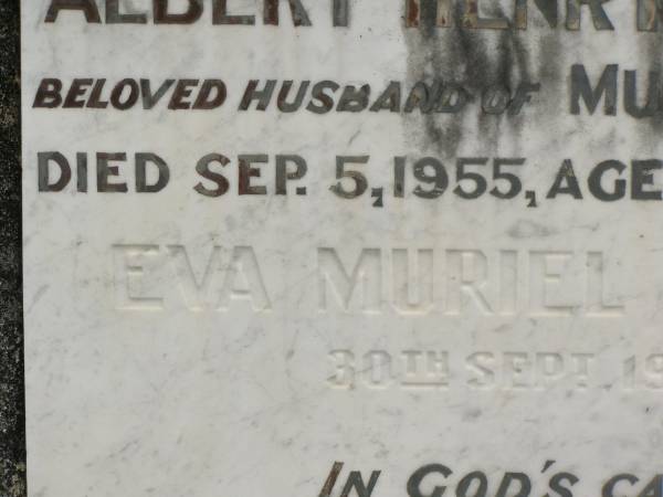Albert Henry BAILEY,  | husband of Muriel BAILEY,  | died 5 Sept 1955 aged 76 years;  | Eva Muriel BAILEY,  | died 30 Sept 1968;  | Howard cemetery, City of Hervey Bay  | 