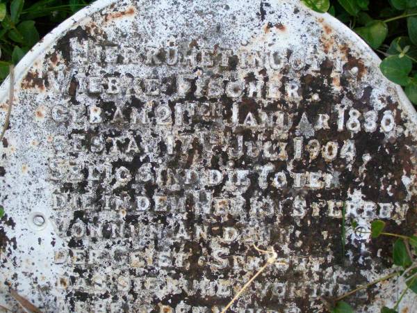 Wiebke FISCHER,  | born 21 Jan 1830 died 17 July 1904;  | Paul FISCHER, husband,  | born 14 April 1828 died 10 June 1911;  | erected by son Marcus FISCHER;  | Hoya/Boonah Baptist Cemetery, Boonah Shire  | 