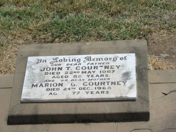 John T. COURTNEY,  | father,  | died 22 May 1967 aged 86 years;  | Marion G. COURTNEY,  | mother,  | died 24 Dec 1968 aged 77 years;  | Jandowae Cemetery, Wambo Shire  | 