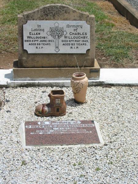 Ellen WILLOUGHBY,  | died 23 June 1963 aged 89 years;  | Charles WILLOUGHBY,  | died 6 May 1949 aged 85 years;  | Frederick John RISSMAN,  | born 4-8-1908,  | died 10-1-1990;  | Jandowae Cemetery, Wambo Shire  | 
