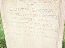 Edith Emma,
daughter of Samuel & Harriett GRIMLEY,
died 16 May 1862 aged 16 months 6 days;
Jimbour Station Historic Cemetery, Wambo Shire