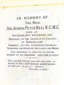 Joshua Peter BELL,
died Brisbane 20 Dec 1881,
erected widow & children;
Joshua Thomas BELL,
son,
died 10 March 1911 aged 48 years;
Margaret Miller BELL (nee DORSEY),
wife mother,
1849 - 1914;
Jimbour Station Historic Cemetery, Wambo Shire