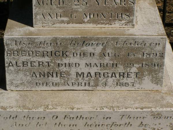 Martha Mary,  | daughter of Valentine & Mary PLATZ,  | died 10? March? 1911 aged 25 years 6 months;  | children;  | Frederick,  | died 15 Aug 1892;  | Albert,  | died 29 March 1896;  | Annie Margaret,  | died 3 April 1887;  | Valentine PLATZ,  | died 8 March 1917 aged 68 years,  | erected by wife & children;  | Maria PLATZ,  | died 1 July 1933 aged 78 years;  | Joseph Peter PLATZ,  | son of Valentine & Mary PLATZ,  | died 4 Dec 1921 aged 31 years,  | erected by mother, sisters & brothers;  | Mary PLATZ,  | mother,  | died 1 July 1933? aged 78 years;  | Jondaryan cemetery, Jondaryan Shire  | 