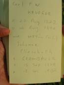 
Carl F W KRUEGER
b: 22 Aug 1822, d: 14 Aug 1894
and gattin (wife)
Johanne Eliesabeth (KRUEGER) (nee GRAMBAUER)
b: 18 Sep 1828, d: 13 Dec 1902
Engelsburg Baptist Cemetery, Kalbar, Boonah Shire

