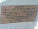 
August F DIECKMANN
b: 3 Nov 1834, Kreuzkrug, Templin, Germany
d: 26 Aug 1919, Englesburg (Kalbar)
emigrated from Hamburg on the ship Cesar Godeffroy 1865
children: Emily, August, Eleanor, Helena, Herman
Peg 78
Engelsburg Baptist Cemetery, Kalbar, Boonah Shire
