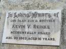 Kevin V. REINKE, son brother,
accidentally killed 30 Aug 1963 aged 16 years;
Kalbar General Cemetery, Boonah Shire