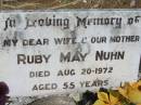 Ruby May NUHN, wife mother,
died 20 Aug 1972 aged 55 years;
Kalbar General Cemetery, Boonah Shire