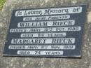parents;
William RIECK, died 12 Oct 1980 aged 84 years;
Margaret RIECK, died 9 Nov 1981 aged 74 years;
Kalbar General Cemetery, Boonah Shire
