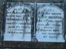 Hermann DICKFOS, husband father,
died 12 June 1928 aged 70 years;
Anna DICKFOS, mother,
died 11 Nov 1946 aged 88 years,
by sons & daughters;
Kalbar General Cemetery, Boonah Shire