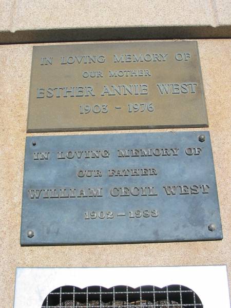 Mary Mabel WALKER, mother grandmother,  | died 3 July 1975 aged 81 years;  | Esther Annie WEST, mother,  | 1903-1976;  | William Cecil WEST, father,  | 1902-1983;  | Kalbar General Cemetery, Boonah Shire  | 