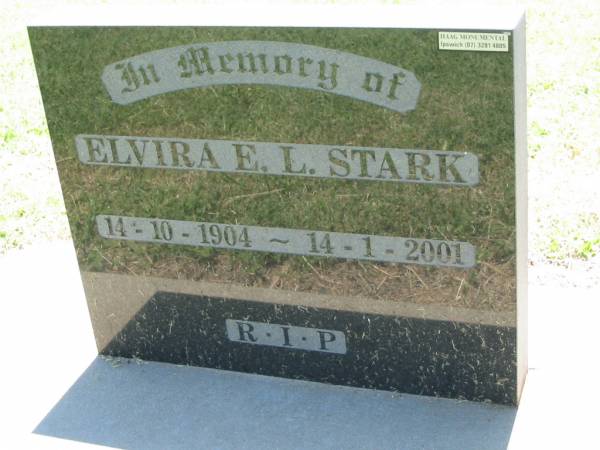 Elvira E.L. STARK,  | 14-10-1904 - 14-1-2001;  | Kalbar General Cemetery, Boonah Shire  | 