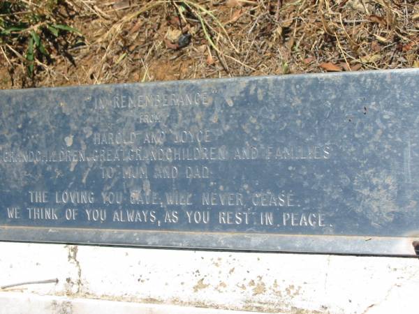 George H. NORWOOD,  | husband father,  | died 10 Mar 1954 aged 68 years;  | Anne NORWOOD, mother,  | died 17 June 1964 aged 71 years;  | remembered by Harold & Joyce;  | Kalbar General Cemetery, Boonah Shire  | 