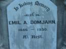 
Emil A DOMJAHN
1886 - 1930
St Johns Lutheran Church Cemetery, Kalbar, Boonah Shire

