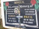 Agnes ROBECK,
wife mother grandmother,
21-4-1920 - 17-12-1989;
Paul ROBECK,
husband father grandfather,
21-6-1917 - 20-6-2001;
Kandanga Cemetery, Cooloola Shire
