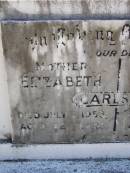 Elizabeth CARLSON, mother,
died 2 July 1953 aged 82 years;
Charlie CARLSON, father,
died 7 Oct 1959 aged 89 years;
Kandanga Cemetery, Cooloola Shire