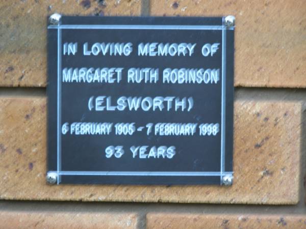 Margaret Ruth ROBINSON (ELSWORTH)  | b: 6 Feb 1905, d 7 Feb 1998, aged 93  | Kenmore-Brookfield Anglican Church, Brisbane  | 