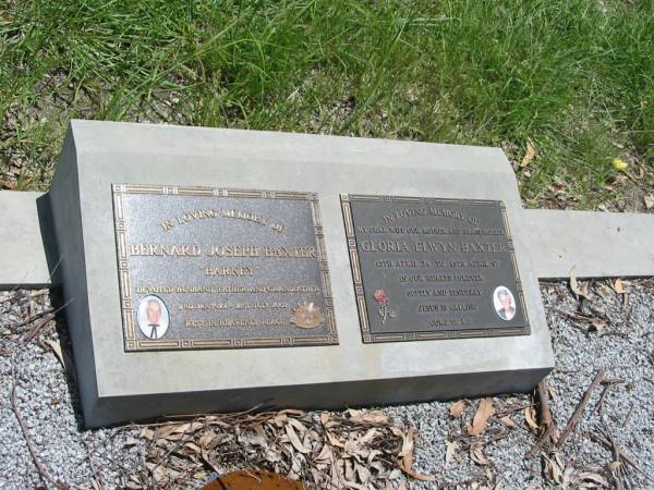 Bernard Joseph (Barney) BAXTER,  | husband father grandfather,  | 2 Jan 1922 - 21 July 2002;  | Gloria Elwyn BAXTER,  | wife mother grandmother,  | 13 April 24 - 13 April 97;  | Kilkivan cemetery, Kilkivan Shire  | 