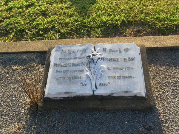 Margaret Kong POW,  | mother,  | died 13 Feb 1920 aged 78 years;  | Florence Jane HING,  | died 19 Feb 1915 aged 27 years;  | Killarney cemetery, Warwick Shire  | 