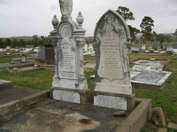 Sarah,  | wife of George BRADFORD,  | born County Down Ireland 16 July 1846,  | died 27 March 1911 aged 65 years;  | George BRADFORD,  | died 24 Dec 1930 aged 87 years;  | Georgina,  | wife of Raven G. BRADFORD,  | died 11 Feb 1912 aged 19 years;  | Raven Roy,  | infant son,  | died 3 May 1912 aged 3 months;  | Killarney cemetery, Warwick Shire  | 