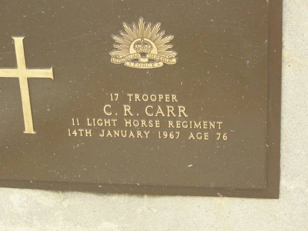 C.R. CARR,  | died 14 Jan 1967 aged 76 years;  | Killarney cemetery, Warwick Shire  | 